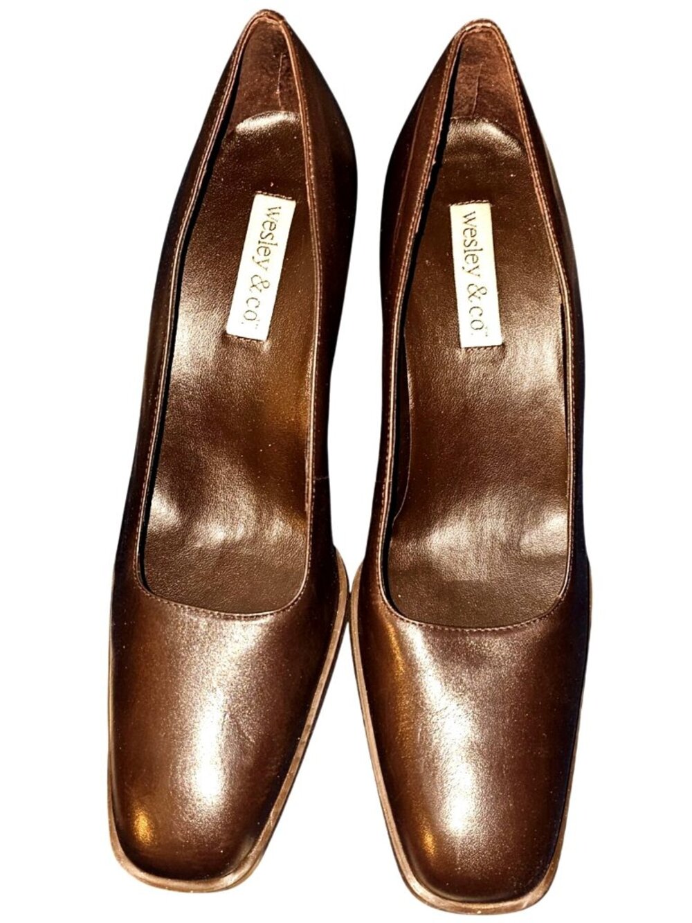 Wesley & Co Brown Leather Block Heel Pumps Size 11W Square Toe